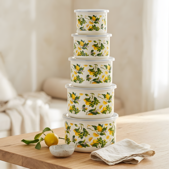 Lemon Pattern Metal Tupperware Set - 5 Pcs